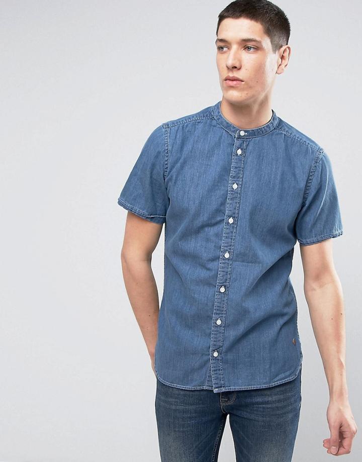 Casual Friday Short Sleeved Denim Shirt With Grandad Collar - Blue