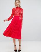 Little Mistress Premium Lace Pleated Midi Dress - Red