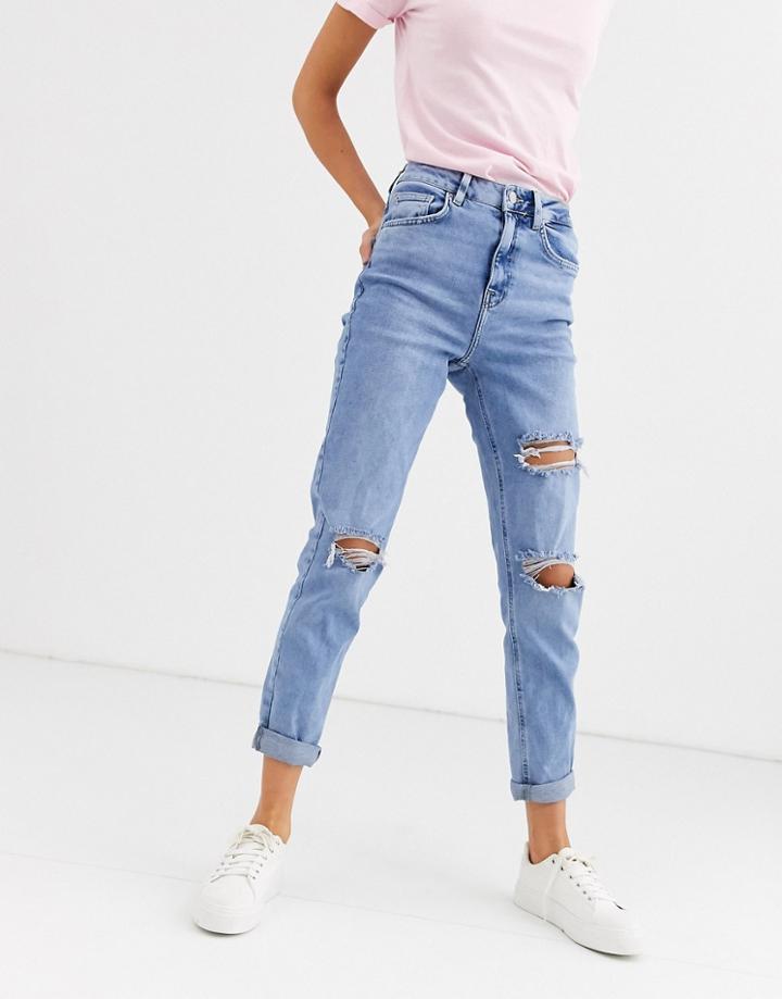 New Look Multi Rip Mom Jean In Mid Blue