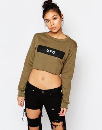 Adolescent Clothing Crop Sweatshirt With Ufo Print - Khaki