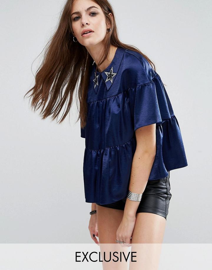 Reclaimed Vintage Silky Smock Top With Star Collar - Navy