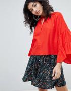 Weekday Bell Sleeve Artists Shirt In Ditsy Print In Red - Red
