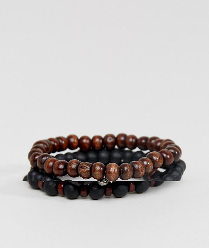 Asos Beaded Bracelet Pack In Black And Brown With Skull Design - Black