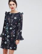 Zibi London Long Sleeve Printed Floral Shift Dress-black