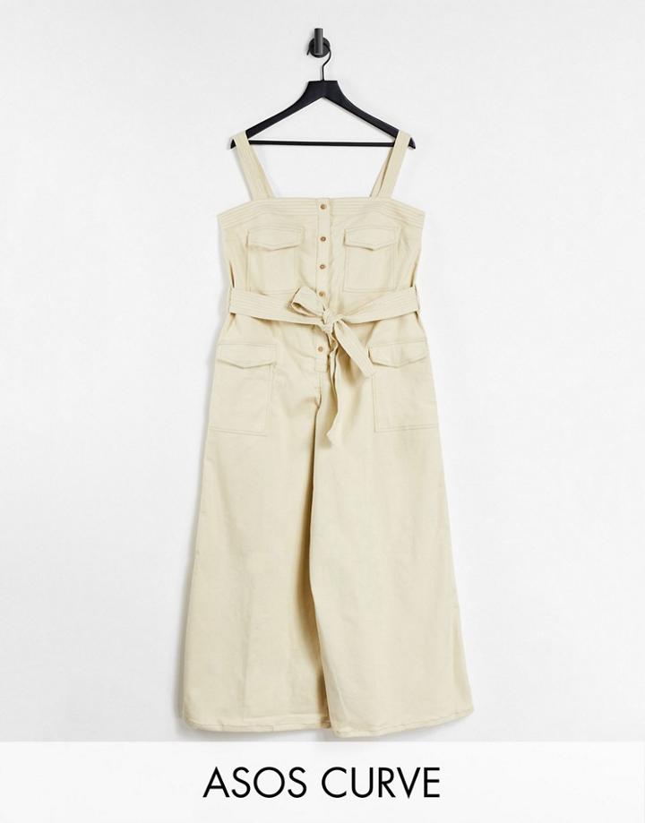 Asos Design Curve Contrast Stitch Button Front Overalls Jumpsuit In Stone-neutral