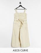 Asos Design Curve Contrast Stitch Button Front Overalls Jumpsuit In Stone-neutral