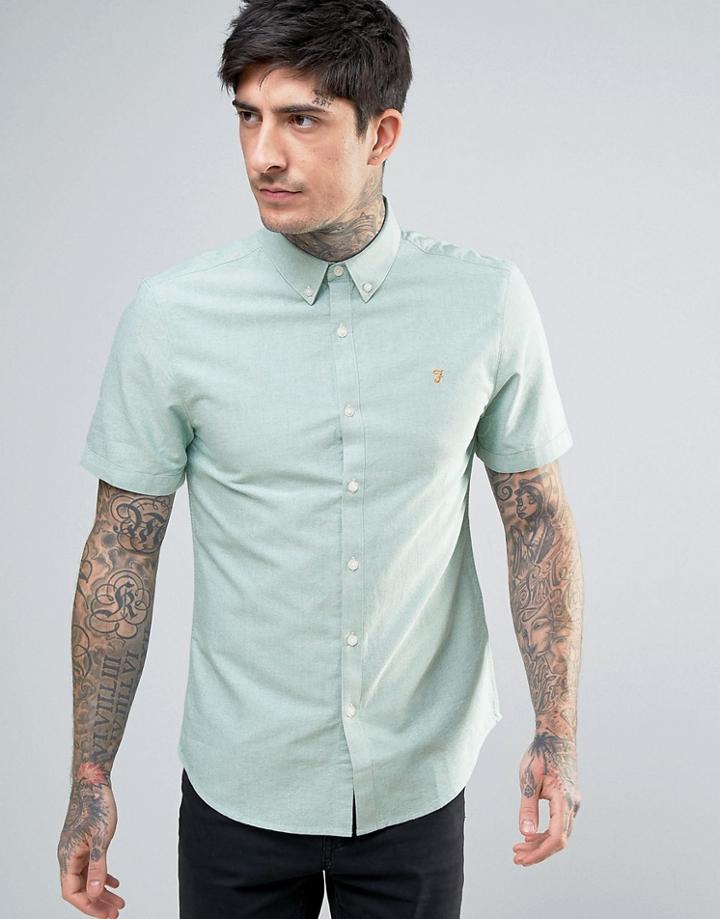 Farah Brewer Short Sleeve Shirt Oxford Slim Fit Buttondown In Pine Green - Green