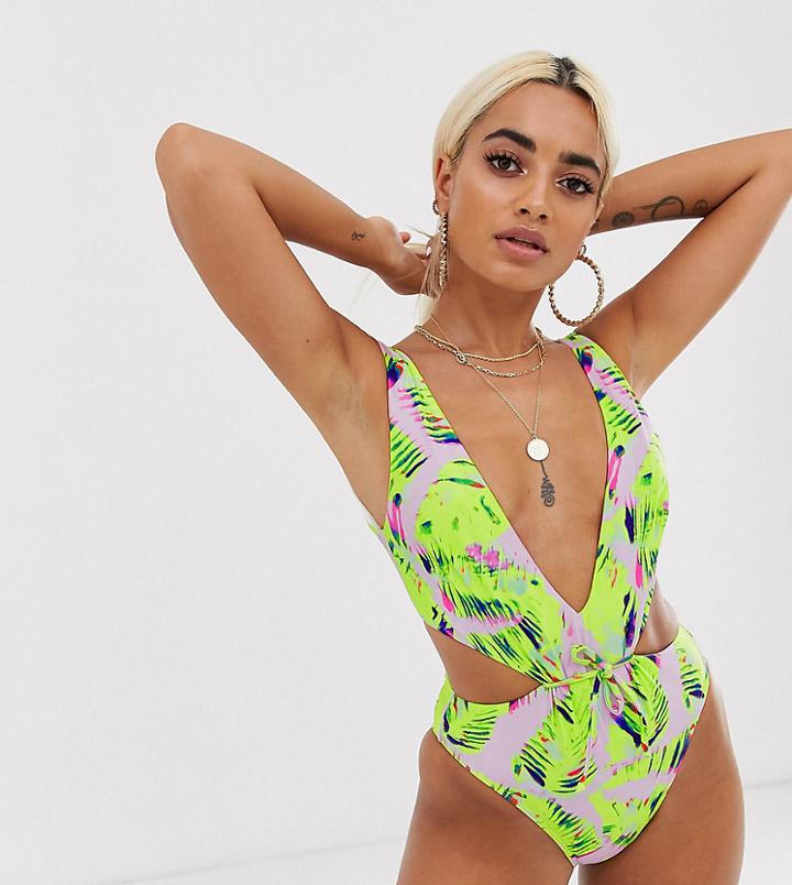 Asos Design Petite Gathered Tie Waist Swimsuit In Neon Leaf Print-multi