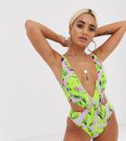 Asos Design Petite Gathered Tie Waist Swimsuit In Neon Leaf Print-multi
