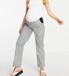 Asos Design Maternity Straight Leg Pull On Poplin Pants In Mono Check With Side Bump Band-black