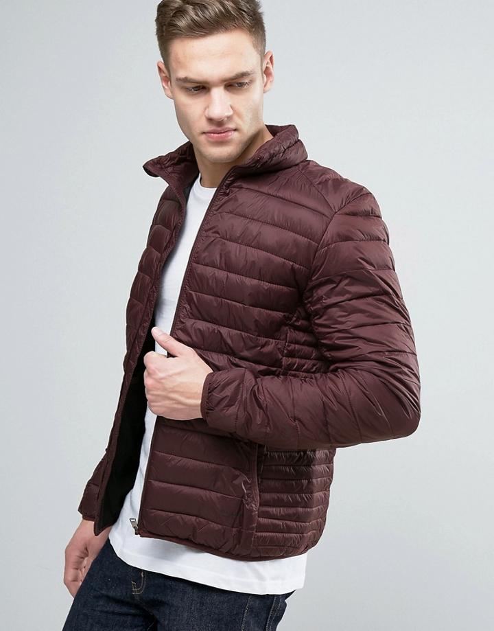 Pull & Bear Puffer Jacket In Burgundy - Red