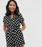 New Look Petite Polka Dot Tie Waist Romper In Black Pattern