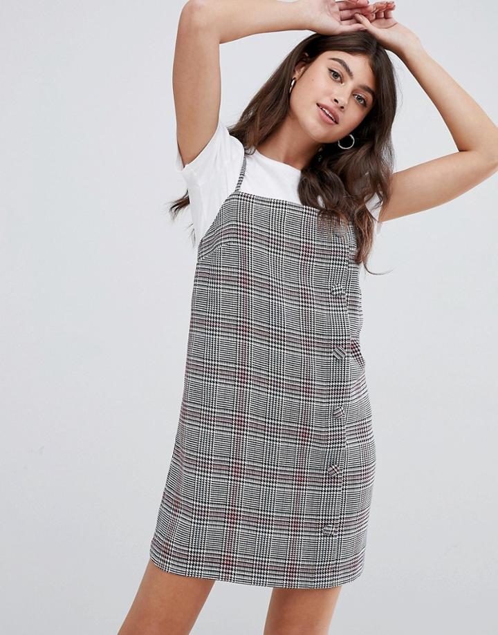 Asos Design Square Neck Mini Dress With Buttons In Check-multi