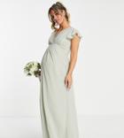 Tfnc Maternity Bridesmaid Ariana Flutter Sleeve V Neck Dress In Sage Green