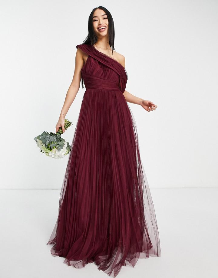 Asos Design Bridesmaid Off Shoulder Tulle Maxi Dress With Pleated Skirt In Oxblood-red