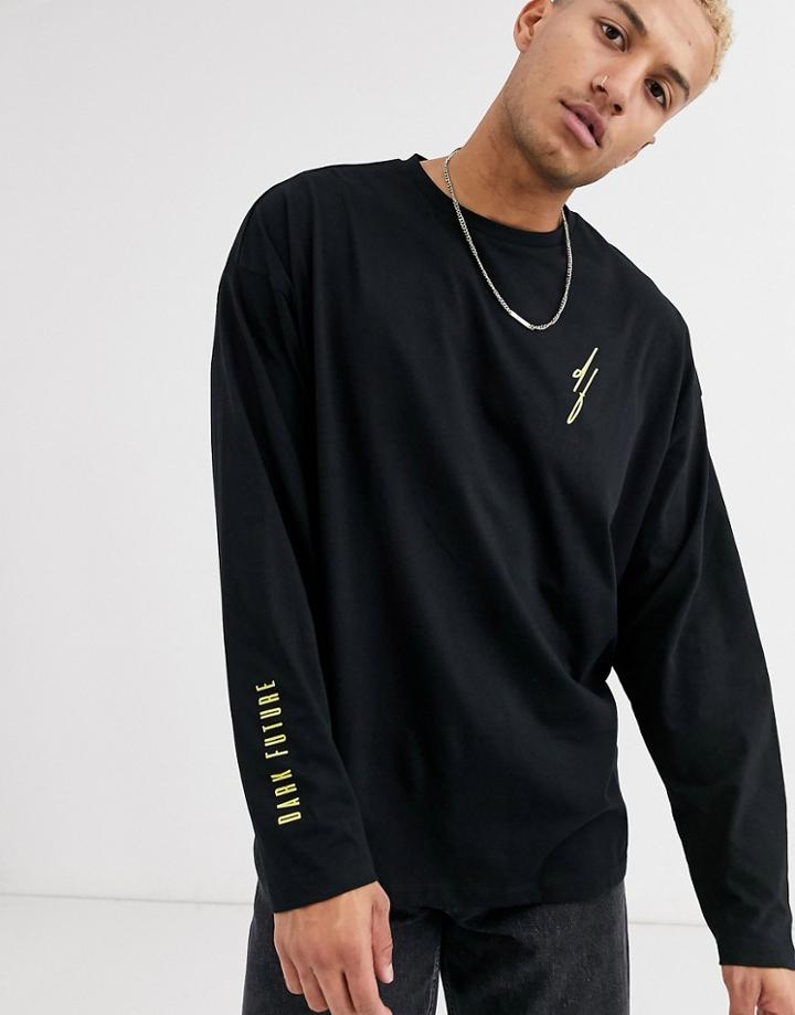 Asos Design Oversized Long Sleeve T-shirt With Chest Sleeve And Back Dark Future Logo-black