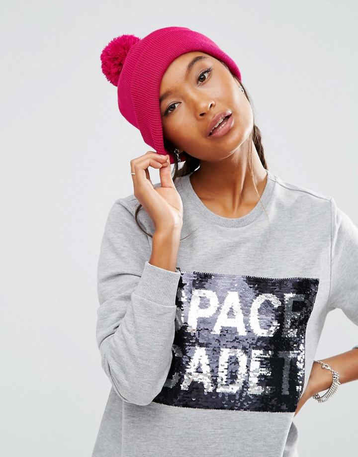 Asos Short Turn Up Beanie With Pom In Fushia Pink - Pink