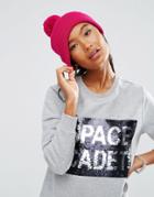 Asos Short Turn Up Beanie With Pom In Fushia Pink - Pink