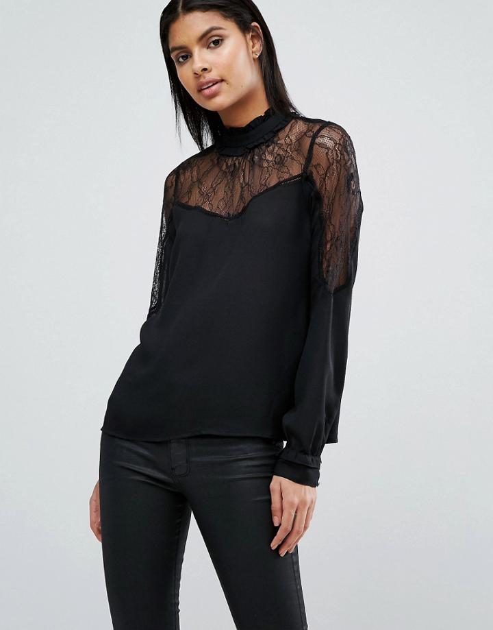 Vila High Neck Lace Yoke Blouse - Black