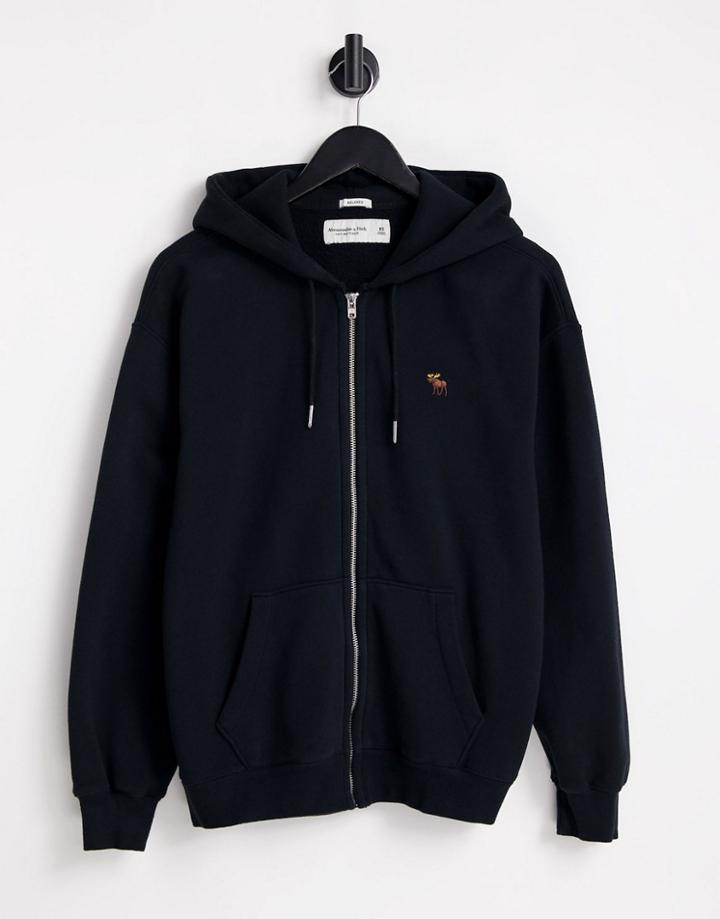 Abercrombie & Fitch 3d Icon Logo Relaxed Fit Full Zip Hoodie In Black