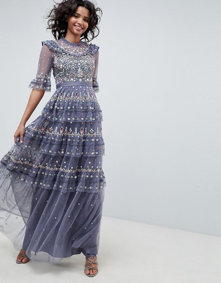 Needle & Thread Embroidered Maxi Gown In Vintage Navy - Blue