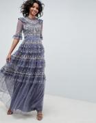Needle & Thread Embroidered Maxi Gown In Vintage Navy - Blue