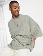 Asos Design Oversized Longline T-shirt With Batwing In Linen Look Fabric In Khaki-green