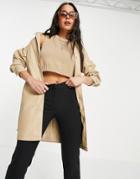 Topshop Faux Leather Seamed Tie Jacket In Cream-black