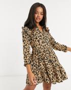 Stradivarius Shirt Dress With Shoulder Frill Detail In Beige Animal Print-neutral
