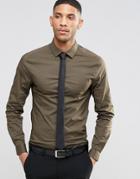 Asos Skinny Shirt In Khaki With Long Sleeves And Black Tie Set Save 15% - Khaki