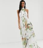 Asos Design High Neck Tiered Maxi Dress In Sheer And Solid Stripe In Pretty Floral - Multi