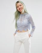 Asos Premium High Neck Top In Lace - Blue