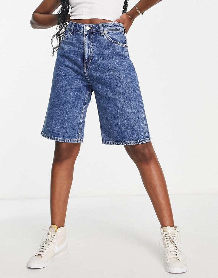 Monki Longline Denim Shorts In Blue