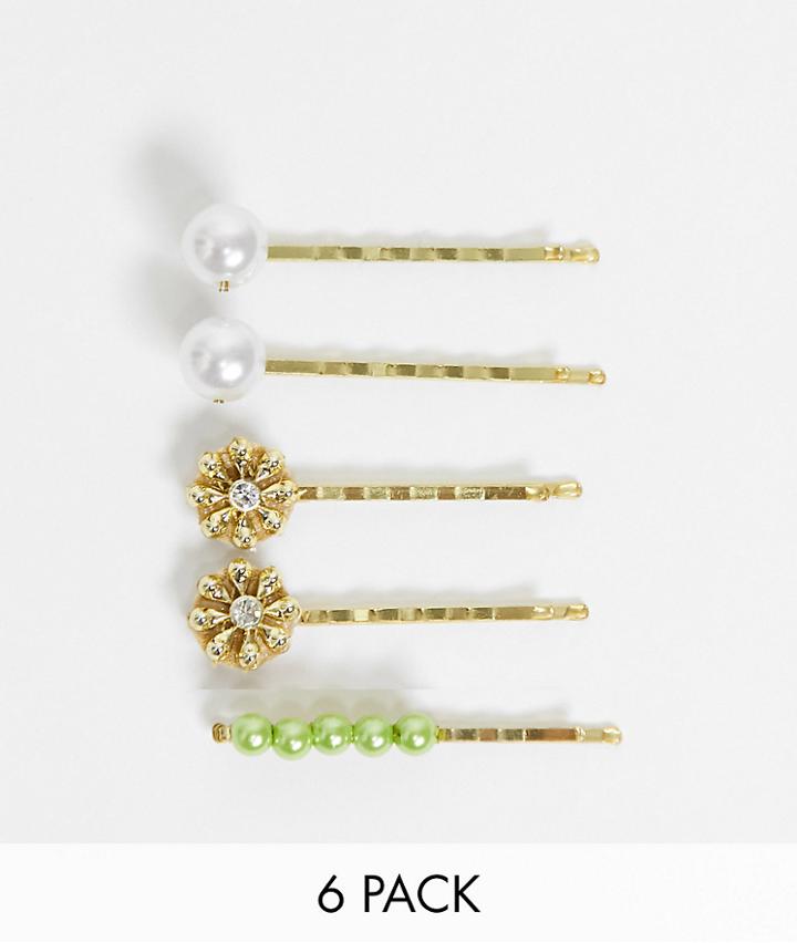 Asos Design 6-pack Hair Clips With Flower Detail-gold
