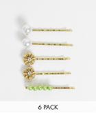 Asos Design 6-pack Hair Clips With Flower Detail-gold