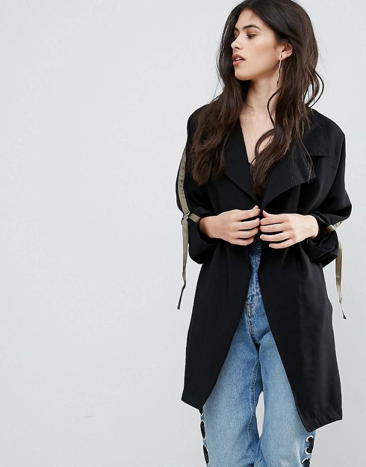 Missguided Black Tape Detail Waterfall Parka Coat - Black