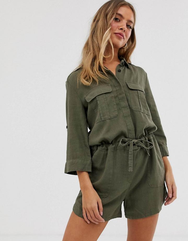 Jdy Linen Utility Romper In Khaki - Green