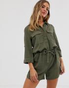 Jdy Linen Utility Romper In Khaki - Green