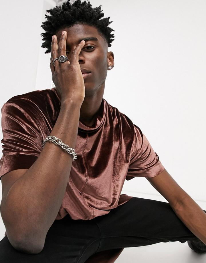 Asos Design Relaxed Super Longline T-shirt With Funnel Neck In Brown Velour