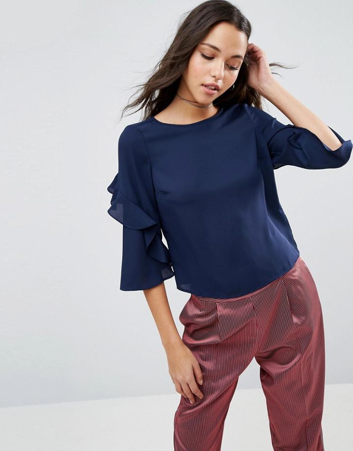 Asos Ruffle Sleeve Tee - Navy