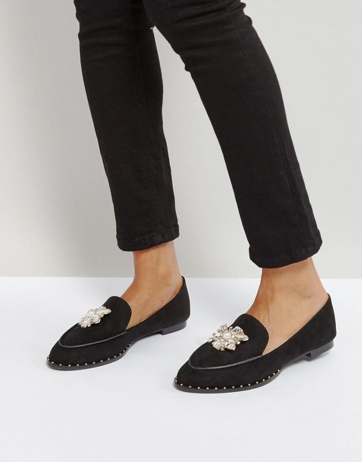 Qupid Jewel Trim Flat Shoe - Black