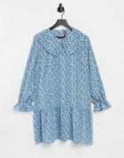 Pieces Mini Smock Dress With Exaggerated Collar In Blue Ditsy Floral-multi