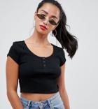 Asos Design Petite Short Sleeve Crop Top With Button Front In Black - Black