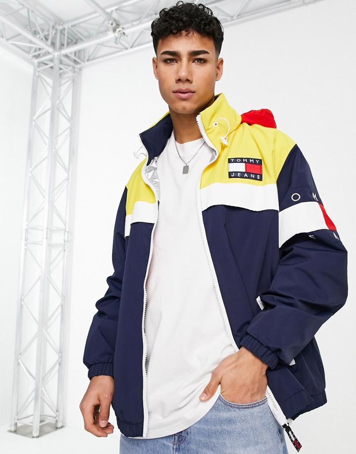 Tommy Jeans Reversible Archive Chicago Color Block Hooded Jacket Relaxed Fit In Navy/silver