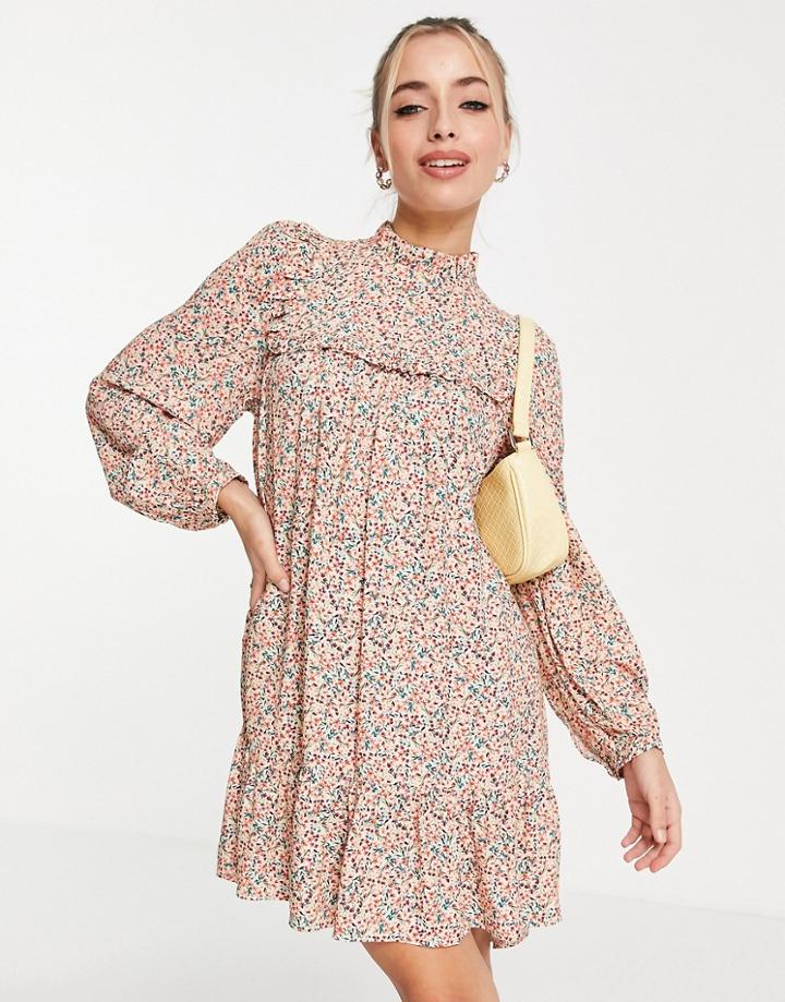 Nobody's Child Mini Smock Dress With Balloon Sleeves In Bluebell Floral-white
