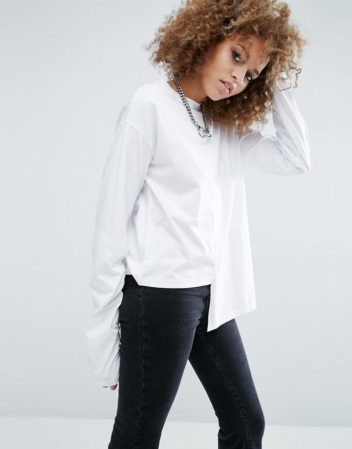 Asos T-shirt With Exaggerated Step Hem And Super Long Sleeves - White