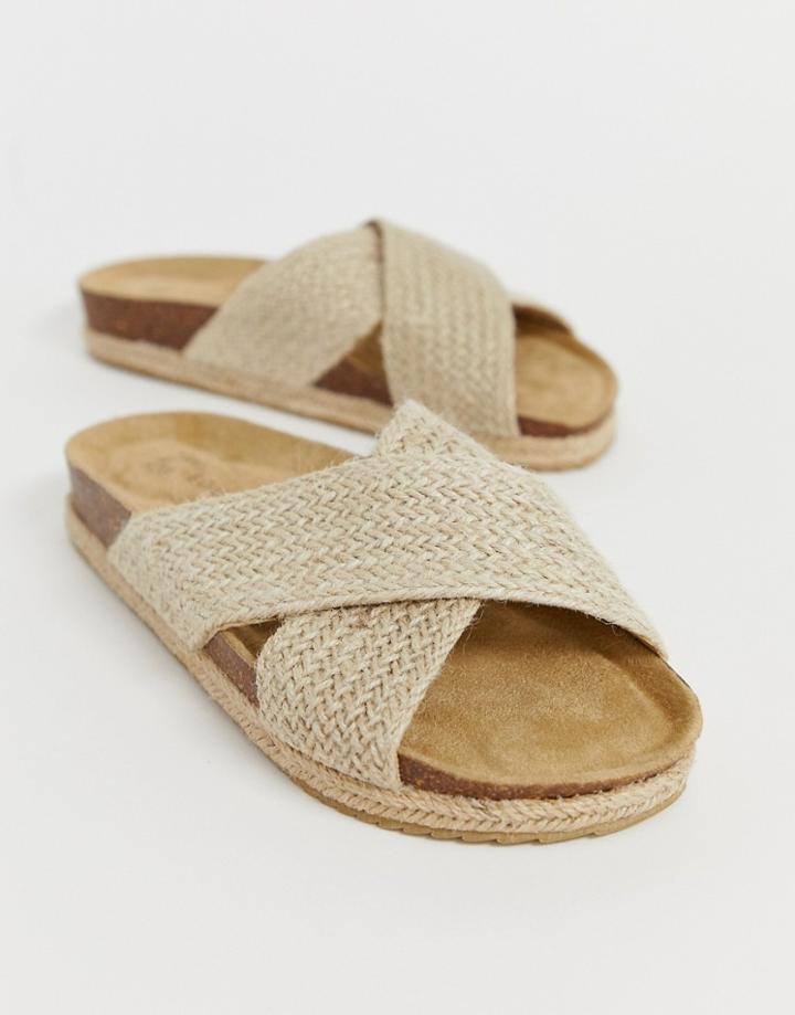 South Beach Exclusive Natural Woven Cross Over Slide With Espadrille Soles - Beige