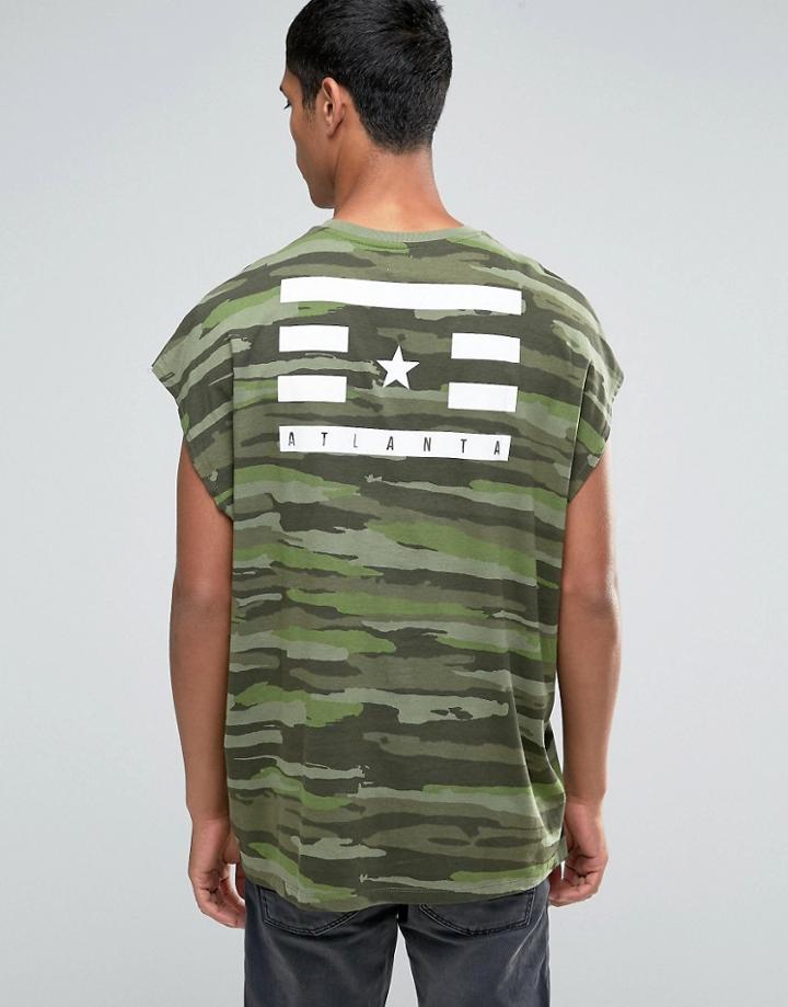 Asos Super Oversized T-shirt In Camo With Back Print - Green
