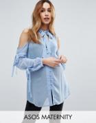 Asos Maternity Pussy Bow Blouse With Cold Shoulder And Tie Sleeve - Blue