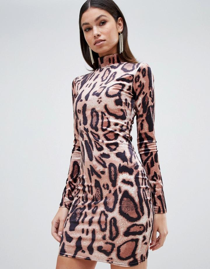 Club L High Neck Leopard Print Mini Bodycon Dress In Velvet - Multi